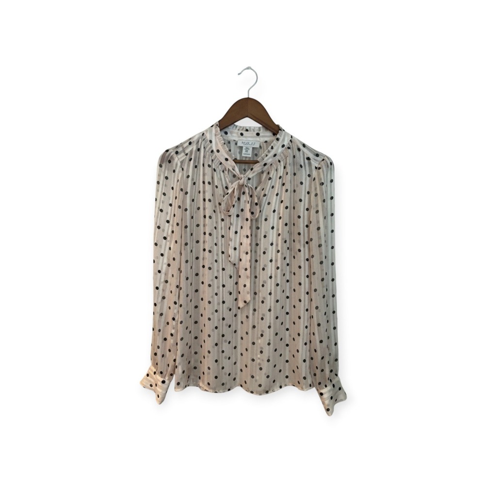Rachel Zoe Women Cream Black Polka‎ Dot Metallic Stripe Tie Neck Blouse Size M
